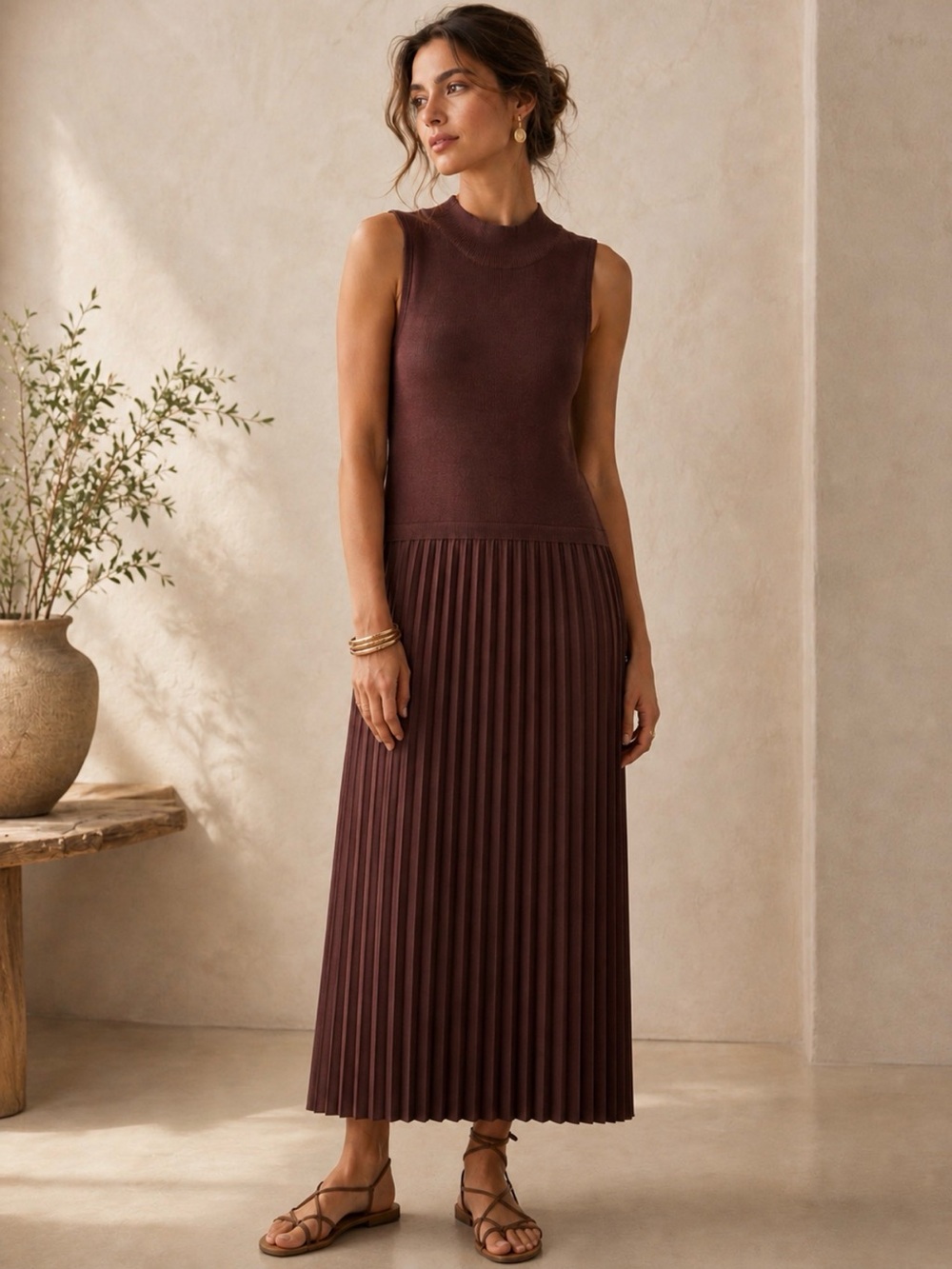 NWT SKIES ARE BLUE Brown Mock Neck Pleated Midi Dress Size Medium